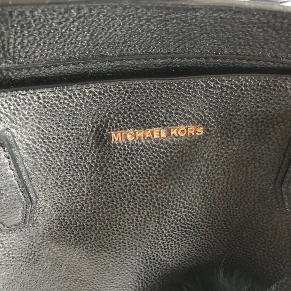 Michael Kors Black Leather Purse Tote with Fur Pom Pom - Picture 4 of 10